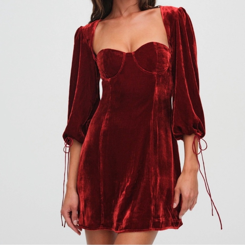 For Love And Lemons Nadine Velvet Mini Dress in Burgundy Red